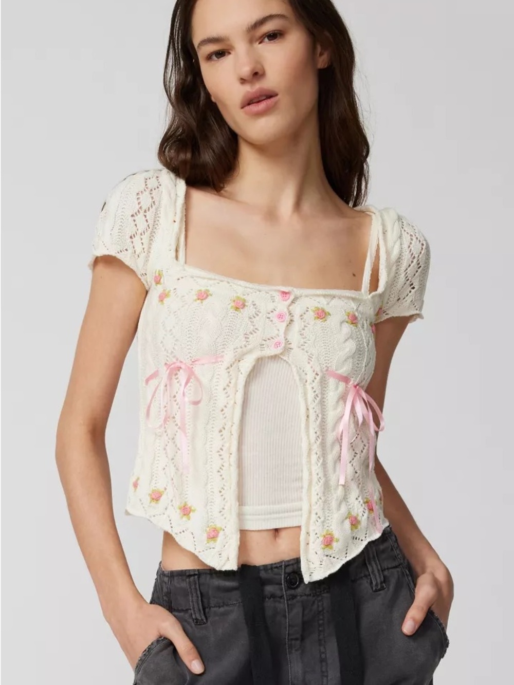 Urban Outfitters Cream Kourtney Floral Embroidered Short Sleeve Cardigan